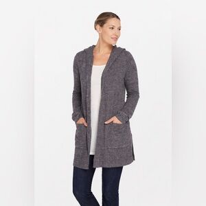 Barefoot Dreams CozyChic Lite Long Hooded Cardigan Gray Sz Large Pockets Casual